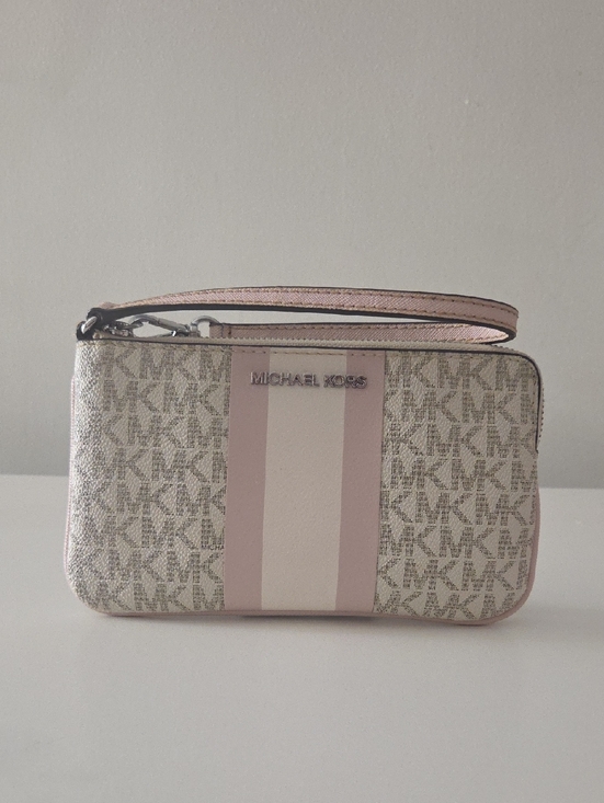 Michael Kors Handbags - Michael Kors Pink and Ivory Signature Stripe Wristlet